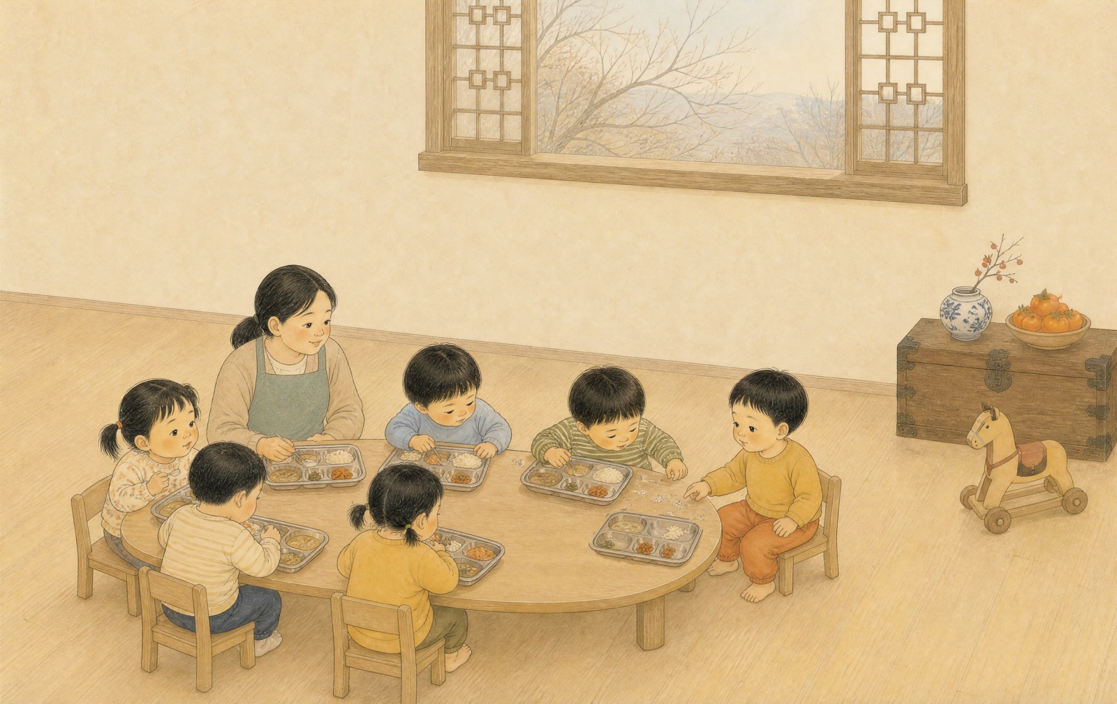 원후 앞 식판과 함께 그려진 어린이집 점심 장면