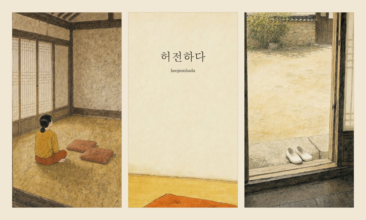 「말의 결」 1편 ‘허전하다’의 세 장면 — 빈 방석 곁에 앉은 아리, 단어 ‘허전하다’, 문밖 댓돌에 놓인 흰 고무신